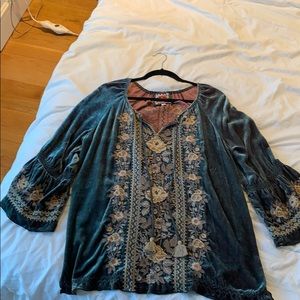 Johnny Was Velvet Embroidered Peasant Top